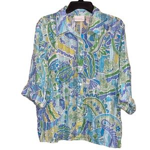 •ALFRED DUNNER•BLUE & GREEN TROPICAL PAISLEY BUTTON UP COLLAR BLOUSE SIZE 16 EUC